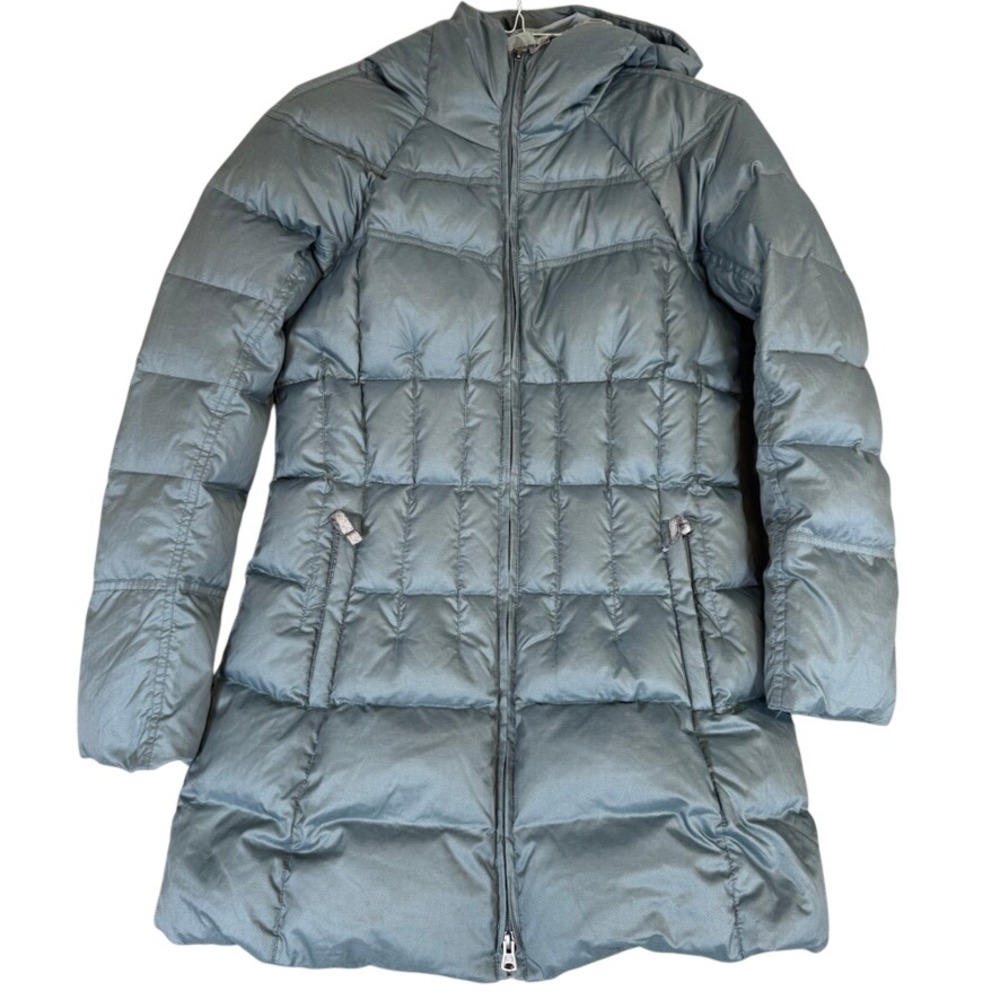 Prana Blue Herringbone Quilted Hooded Puffer Parka Long Padded Winter Coat XS